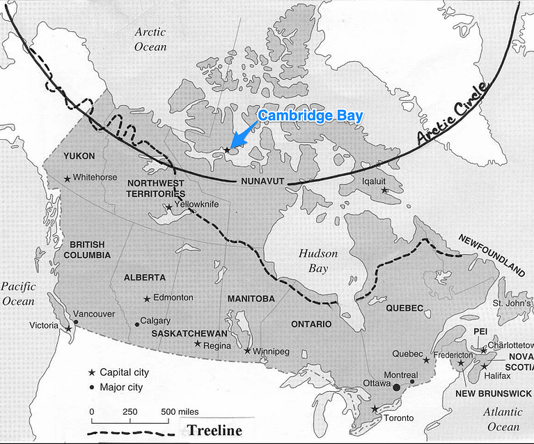 A map showing Cambridge Bay in contest of the arctic circle and tree line in northern Canada