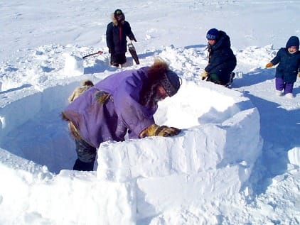Doug adds to the spiral of snow blocks that eventually circle around to the top of the dome of the igloo. 